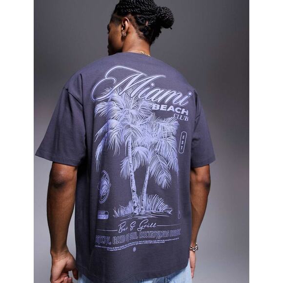 ASOS DESIGN Miami Beach Club Oversized Palm Tree Graphic Tee Streetwear Vibe~NEW - Picture 2 of 8